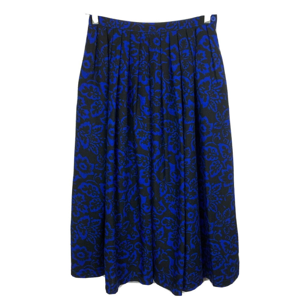Rodier Skirt Womens Sz 12 42 Vintage Blue‎ Black Floral Pocket Pleated Long Maxi